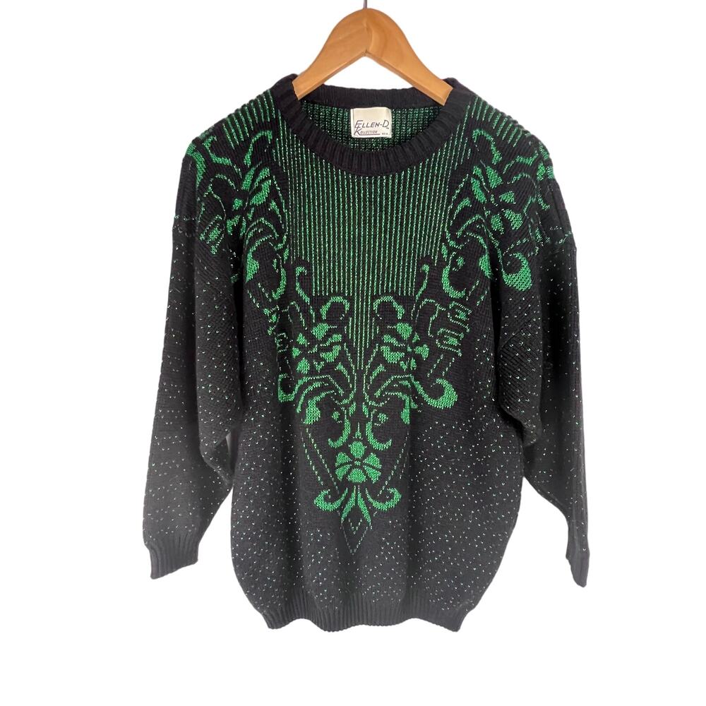 Vintage‎ 80s Ellen-D Black Green Metallic Mock Turtleneck Jumper Sweater